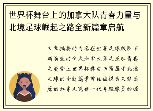 世界杯舞台上的加拿大队青春力量与北境足球崛起之路全新篇章启航