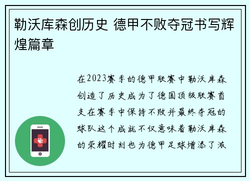 勒沃库森创历史 德甲不败夺冠书写辉煌篇章