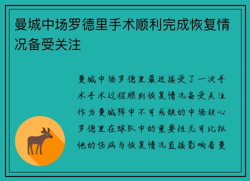 曼城中场罗德里手术顺利完成恢复情况备受关注 曼城中场罗德里手术顺利完成恢复情况备受关注